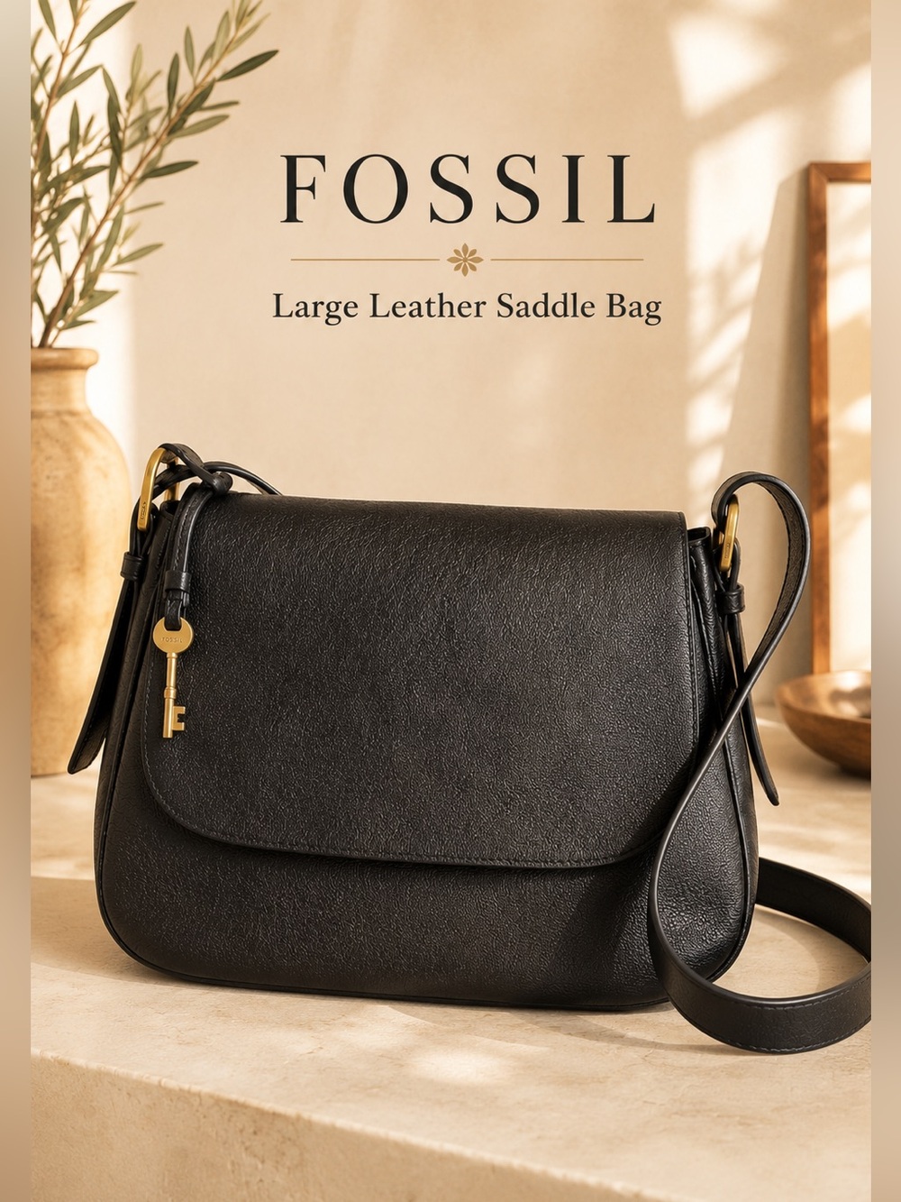 Fossil Black Leather Saddle Crossbody Bag Large Adjustable Strap